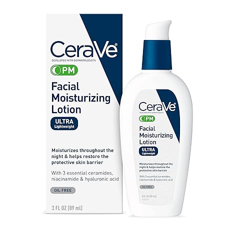 CeraVe PM Facial Moisturizing Lotion, Night Cream with Hyaluronic Acid and Niacinamide, Ultra-Lightweight, Oil-Free Moisturizer for Face, 3 oz